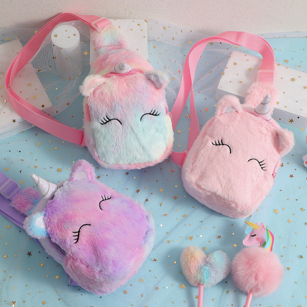 Cartoon Plush Squinting Unicorn Novelty Crossbody Shoulder Bags