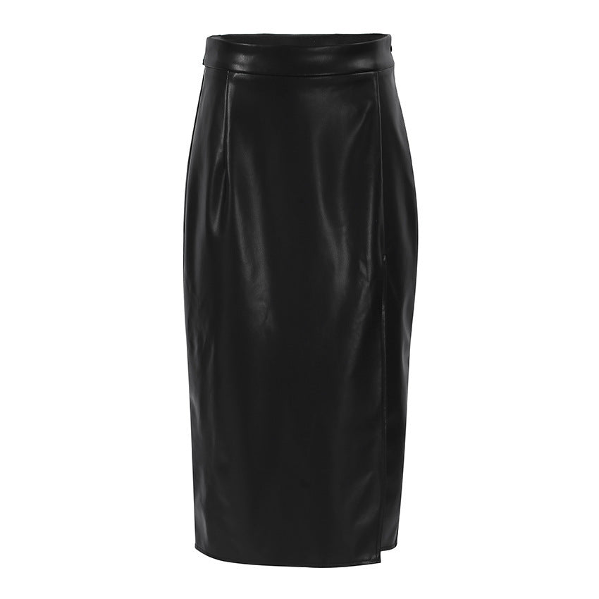 High Slit Sexy PU Mid Length High Waist Slim Fit Skirt