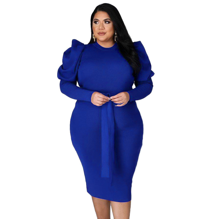 Women's Slim Fit Plus Size Puff Sleeve Tie Waist Midi Length Bodycon Dress