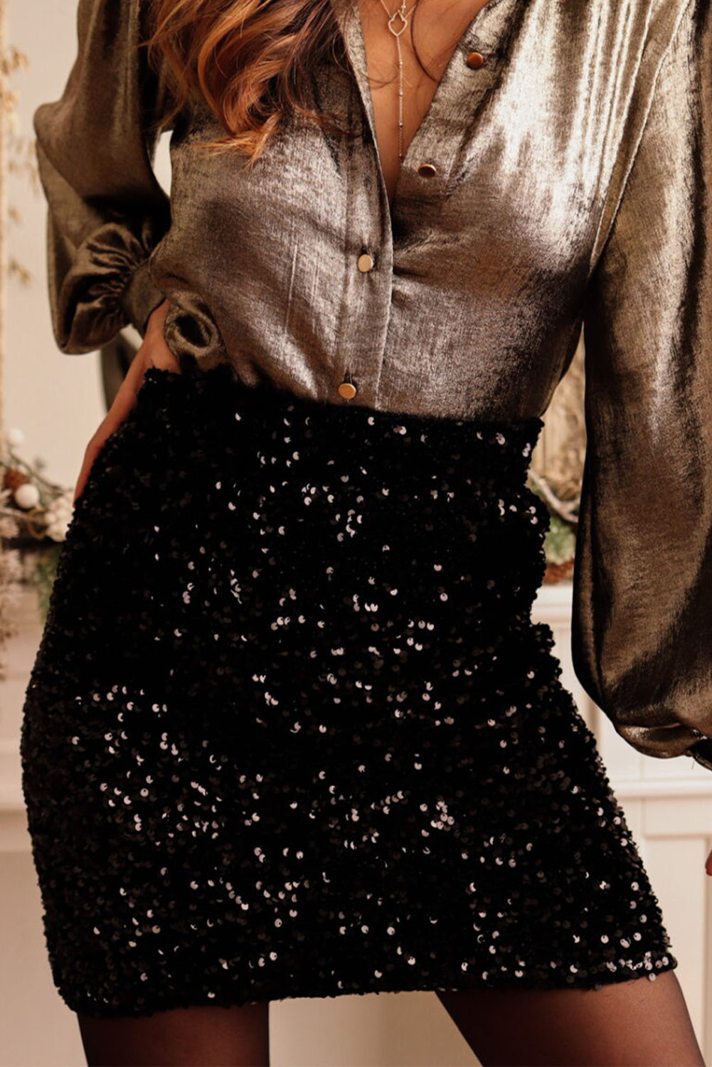 Black Sequins Bodycon Mini Skirt