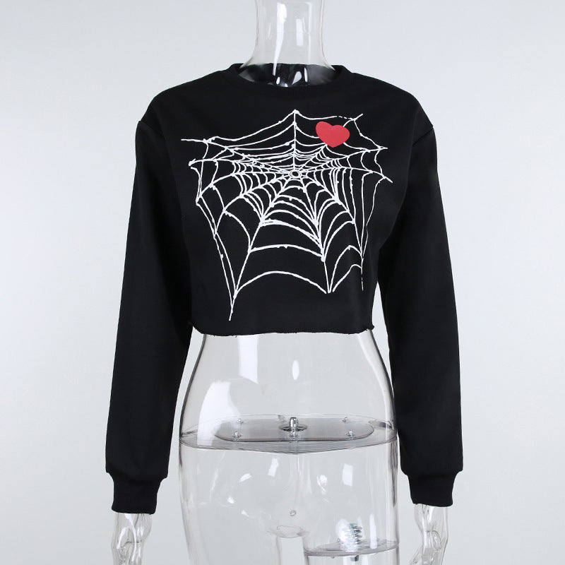 Dark Design Personality Spider Web Heart Print Ladies Top