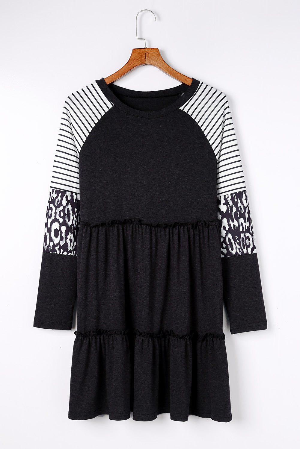 Multicolor Striped Leopard Raglan Sleeve Textured Dress