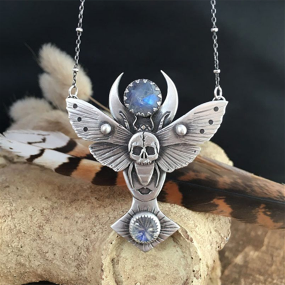 Vintage Skull Moth Moon Moonstone Necklace Exaggerated