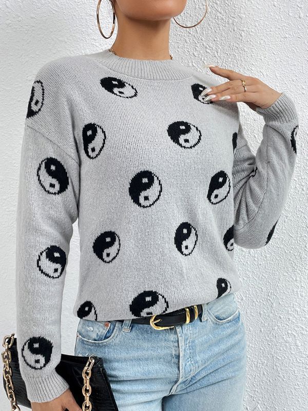 Jacquard Round Neck Pullover Knitted Sweater Women