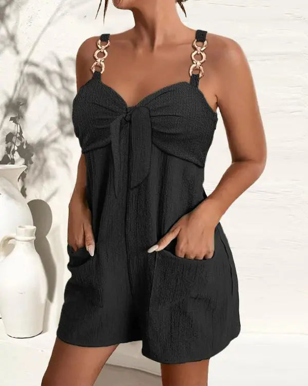 Chain Strap Pocket Design Knotted Casual Romper