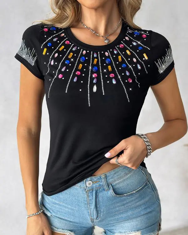 Rhinestone Colorful Crystal Stone Decor T-Shirt