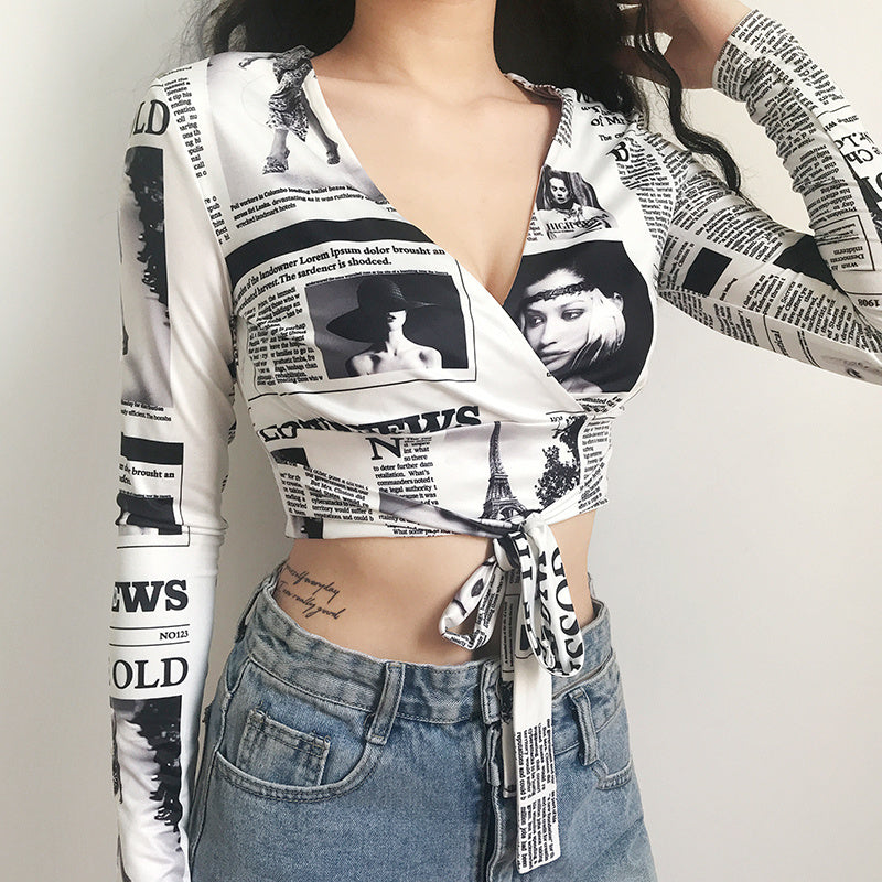 Sexy Printed Newspaper Style Graphic All Over Print Tie Front Long Sleeve Nightclub Style Crop Top