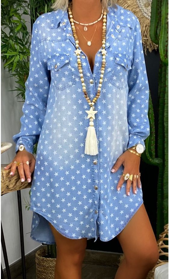 All Over Star Print Faded Denim Shirt Dress