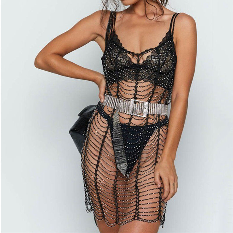 Beaded Stacked Sheer Pool Bikini Cover Up Sexy Beachwear Mini Dress