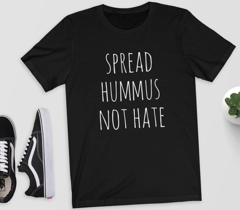 Spread Hummus Not Hate Slogan Round Neck Graphic Print Short Sleeved Tee Shirt