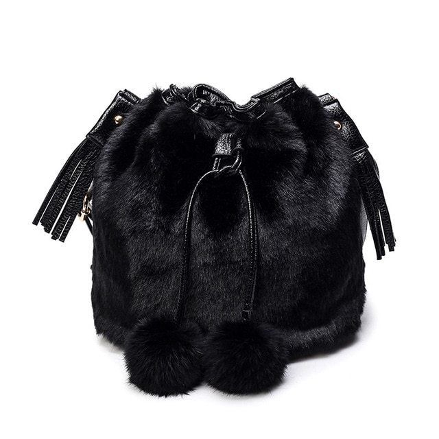 Faux Fur Plush Drawstring And PU Tassel Shoulder Bag