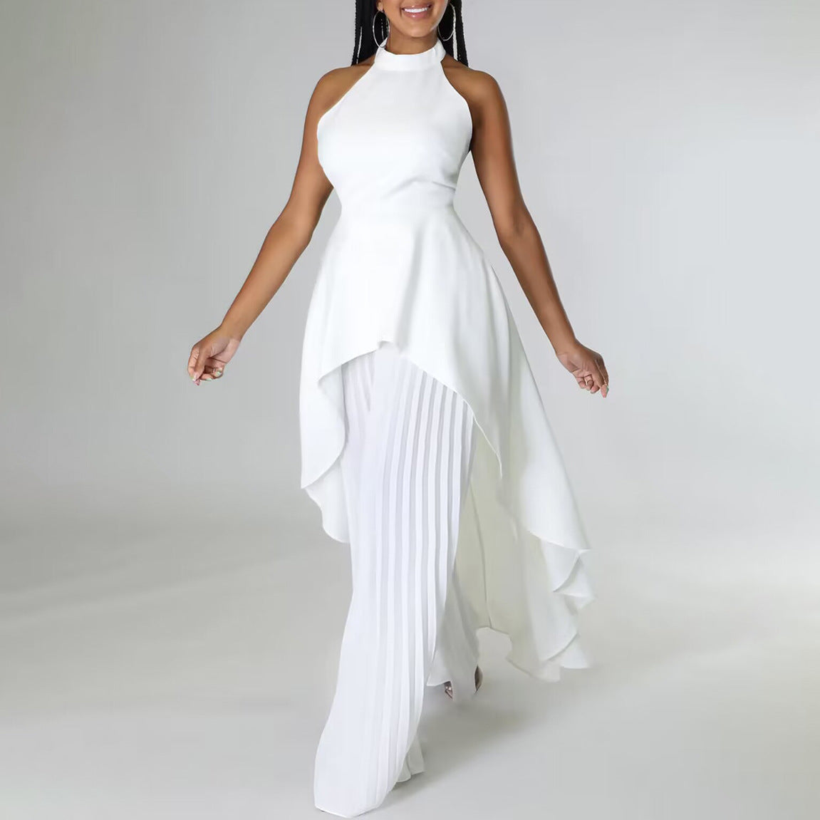 Backless Grecian Neck Long Tail Flowy Top And Pleated Wide-leg Pants Casual Two Piece Sets