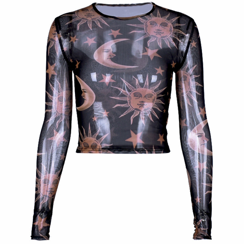 Sun Moon and Stars Printed Sheer Mesh T-shirt