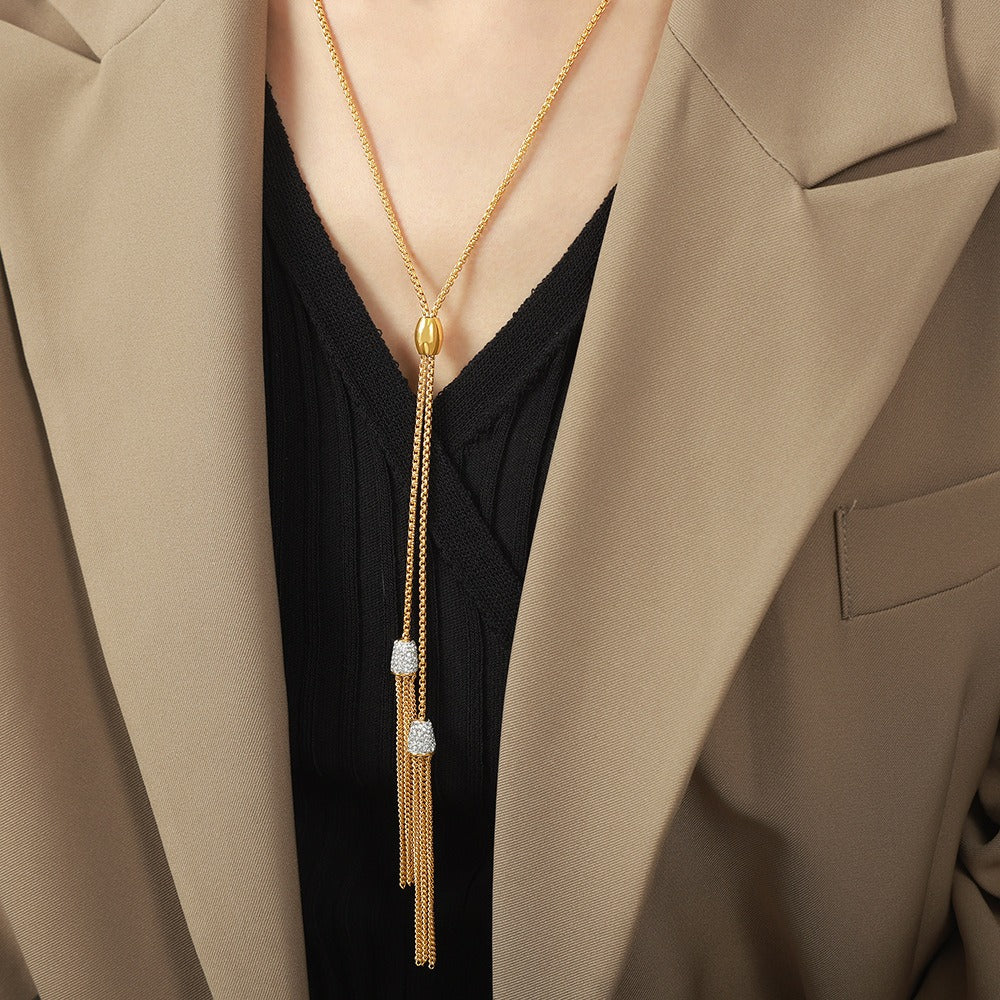 18K gold noble and luxurious sweater chain with long tassel inlaid zircon design necklace