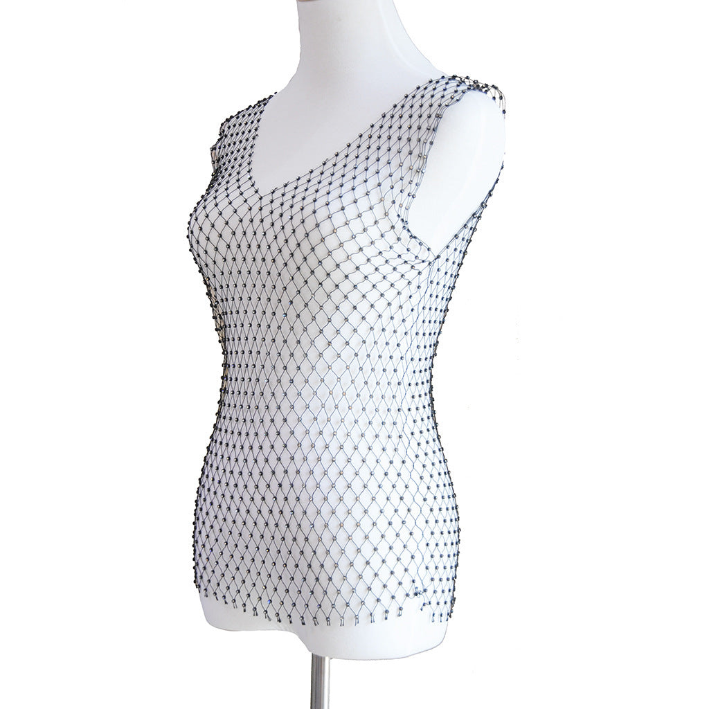 Mesh Chainmail Look Rhinestone Studded Fishnet Tank Top Sexy Sheer Festival Fashion