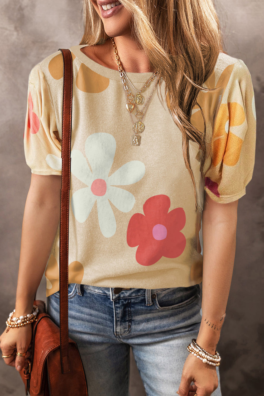 Colorful Flower Print Bubble Sleeve Tee