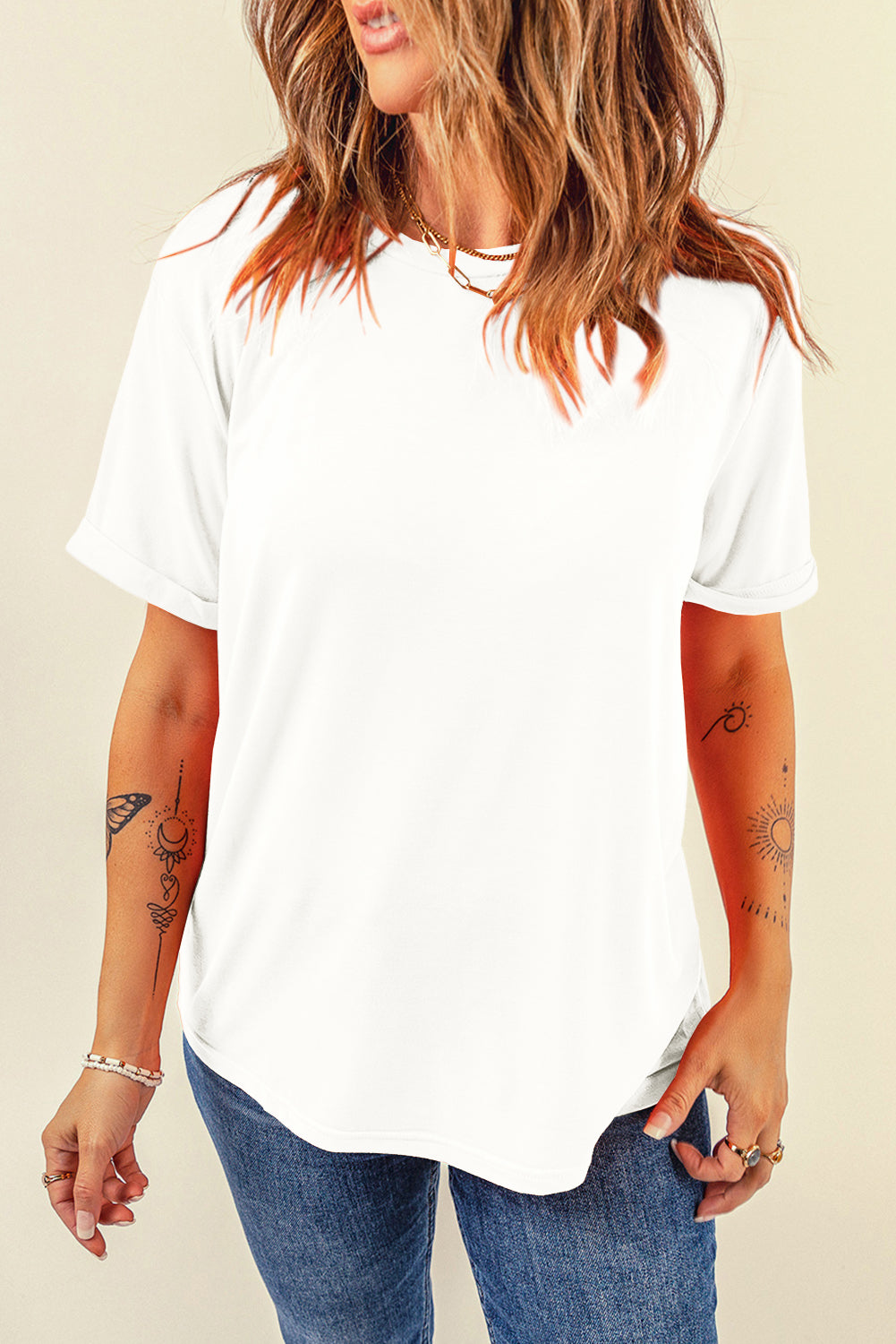 Rose Red Casual Plain Crew Neck Tee