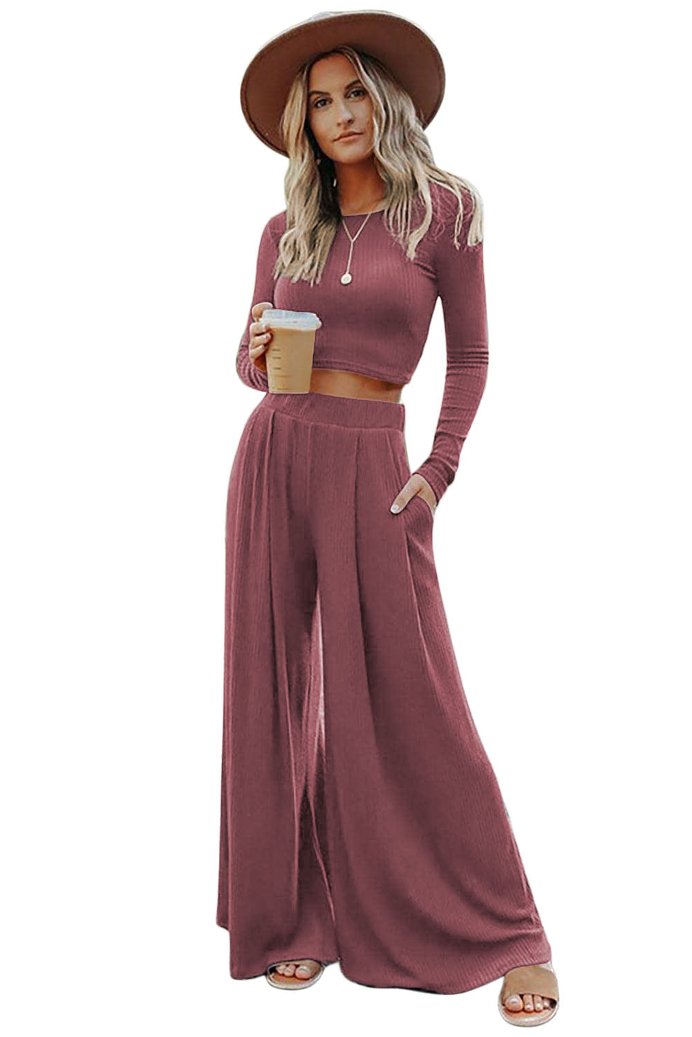 Gray Plain Ribbed Crop Top & Wide Leg Pants Two Piece Pants Set