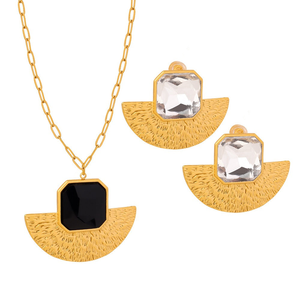 18K gold exaggerated fan-shaped volcano with gemstone design simple style necklace and earrings set