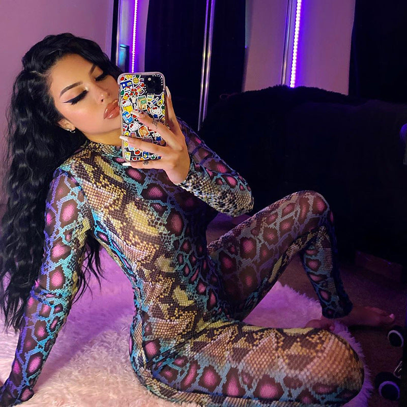 Multi Color Long Sleeved Snake Print Sheer Bodysuit