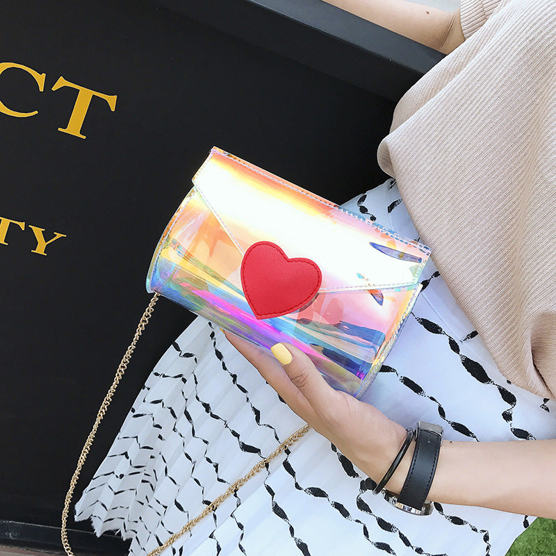 Transparent Laser Cut Holographic Red Heart Closure Pastel Rainbow Shoulder Bag With Chain Strap