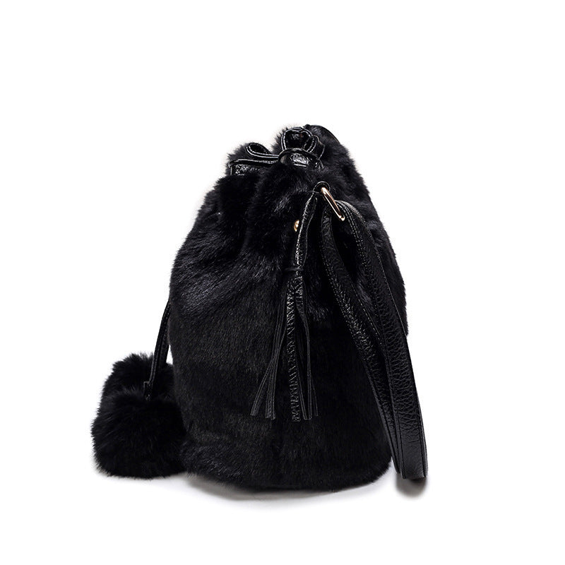 Faux Fur Plush Drawstring And PU Tassel Shoulder Bag