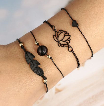 New Jewelry Black Love Heart Openwork Lotus Ball Leaf Bracelet Bracelet Four-piece Set