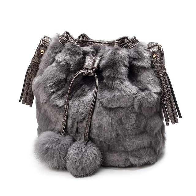 Faux Fur Plush Drawstring And PU Tassel Shoulder Bag