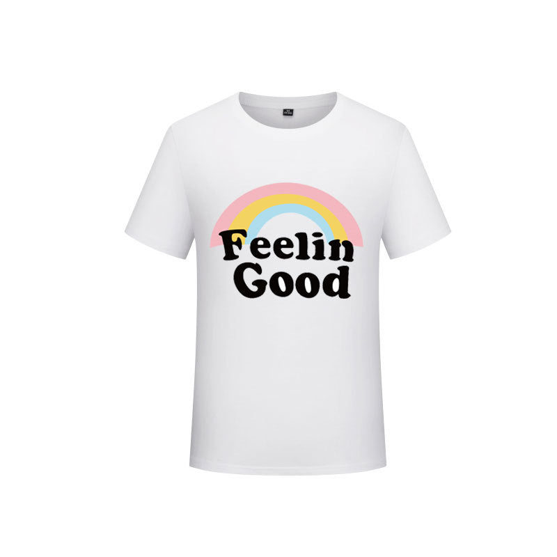 Feelin’ Good Rainbow Casual Round Neck Short Sleeved Graphic Print Tee Shirt