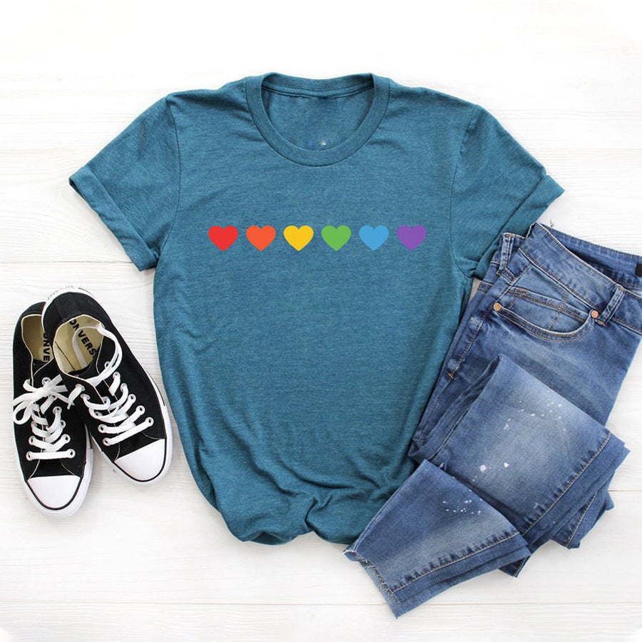 Colorful Rainbow Heart Print Casual Simple Style Graphic Printed T-shirt