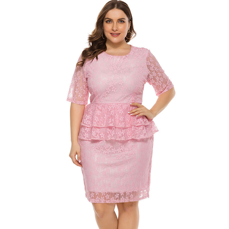 Plus Size Full Lace Peplum Waist Three Quarter Sleeve Midi Length Elegant Dress