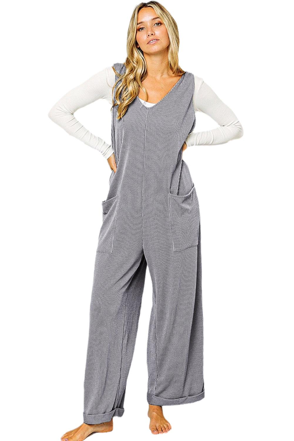 Dark Grey Corded Tie Straps V Neck Wide Leg Jumpsuit