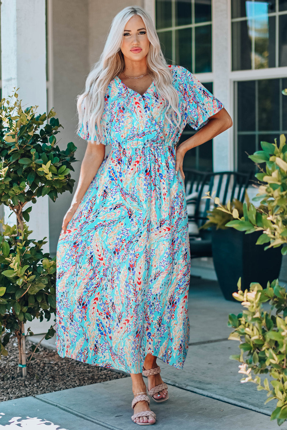 Rose Wrap V Neck Floral Maxi Dress