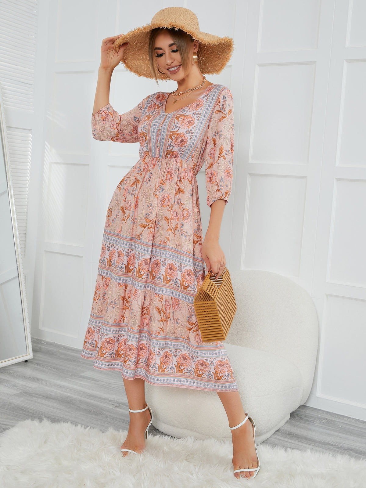 Bohemian V-neck Elastic Waist Three Quarter Sleeve Printed Maxi Dress