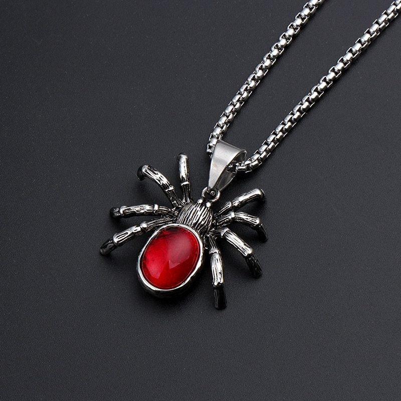 Vintage Retro Black Widow Spider Pendant Gothic Red Large Crystal  Necklace