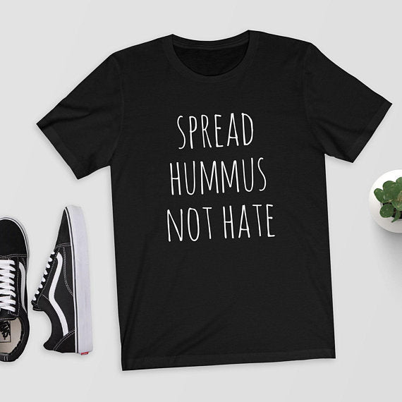 Spread Hummus Not Hate Slogan Round Neck Graphic Print Short Sleeved Tee Shirt