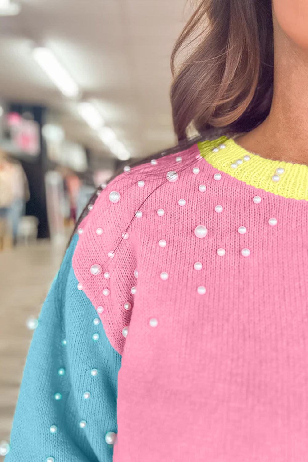 Rose Red Color Block Pearl Detail Half Sleeve Knit Top