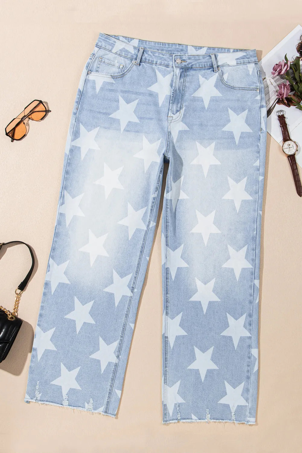 Plus Size Star Straight Leg Jeans with Pockets