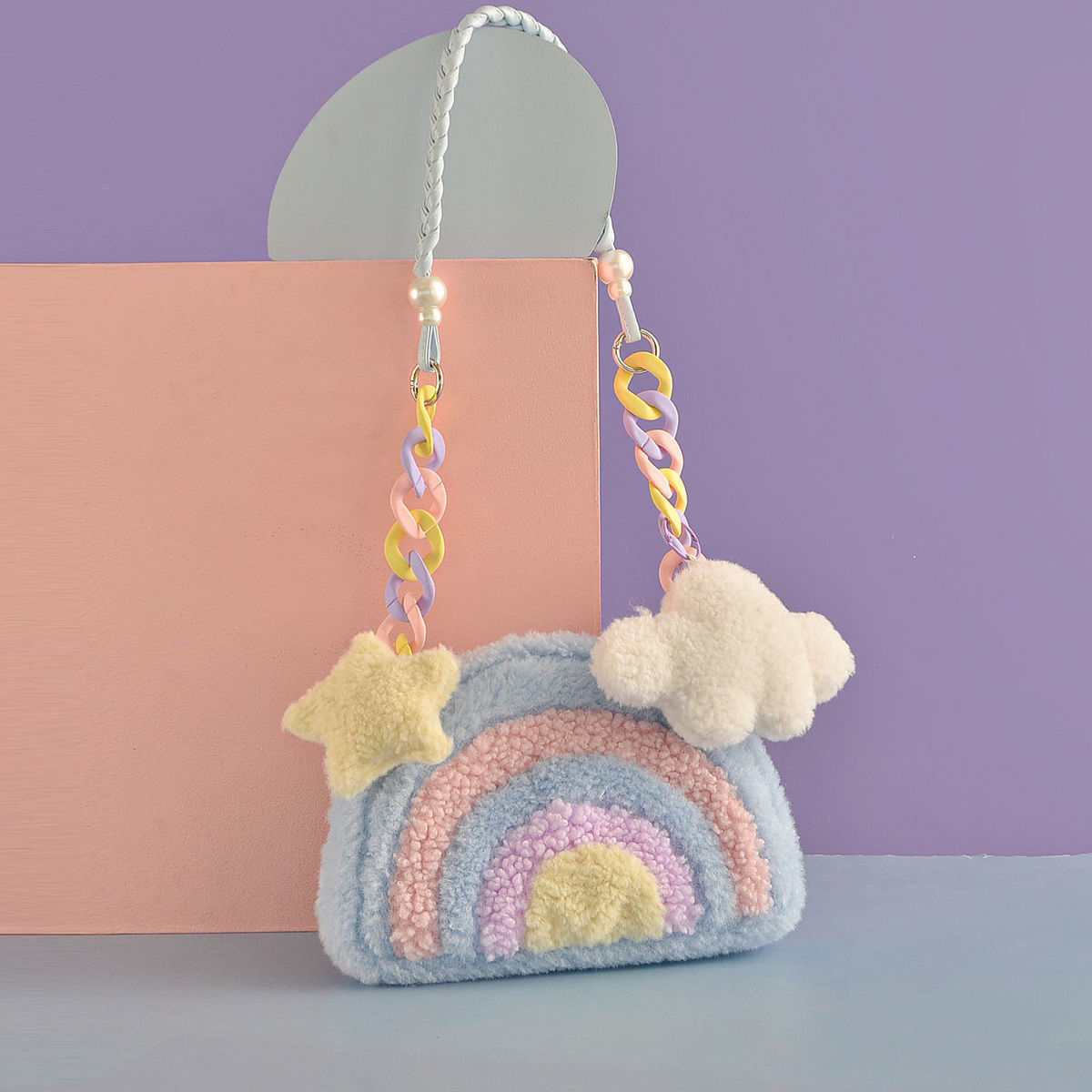 Small Rainbow Plush Crossbody Bag With Separate Strap Option Novelty Fashion Purse