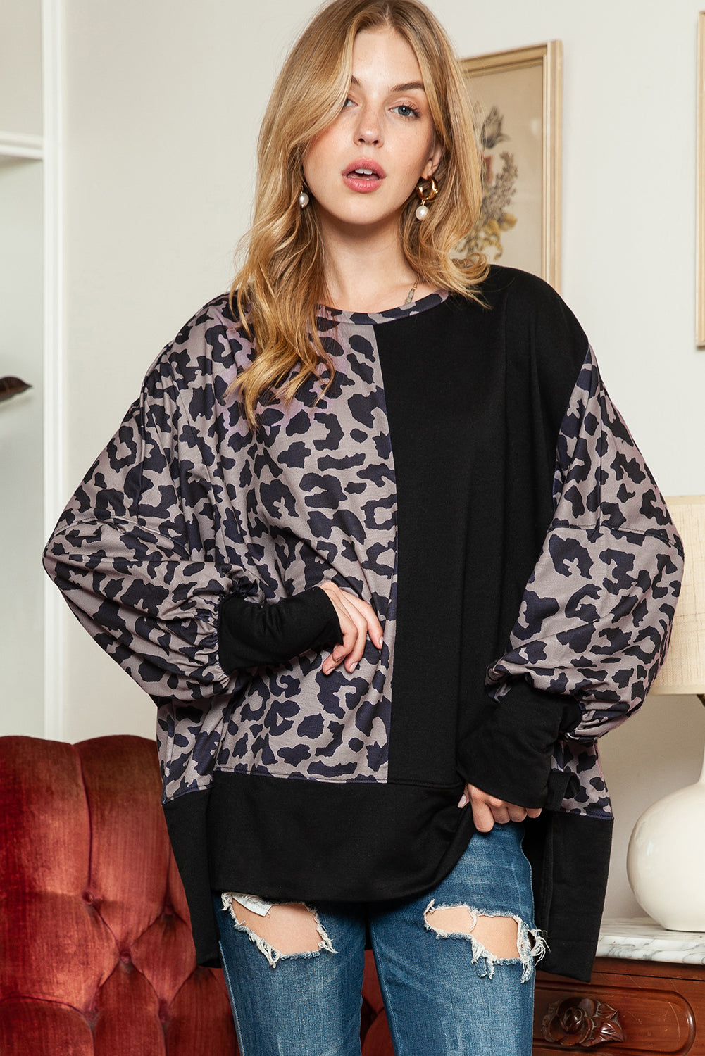 Black Leopard Print Bishop Sleeve Oversized Sweatshirt with Slits