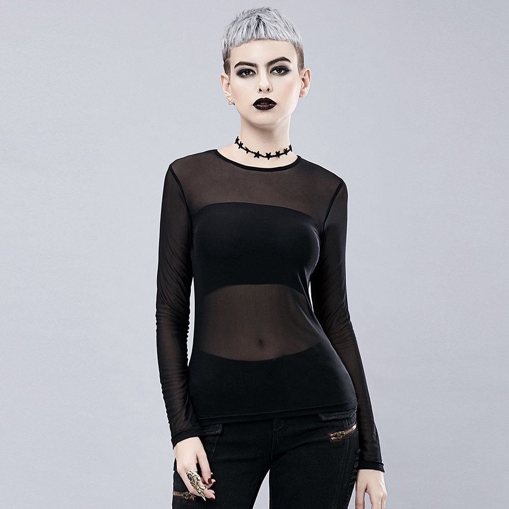 Punk See-through Mesh Hollow-out Breathable Inner Wear Solid Color Long Sleeve T-shirt