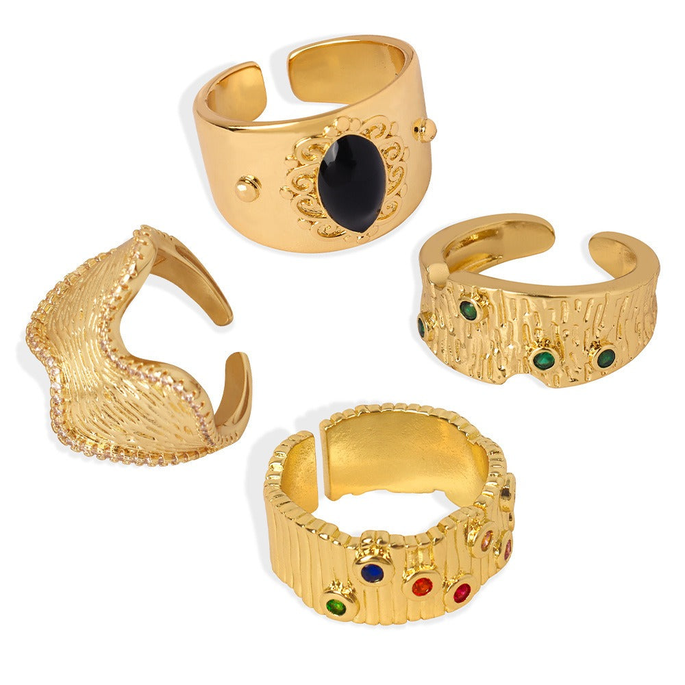 18K gold trendy and personalized irregular-shaped open ring with geometric bark pattern design
