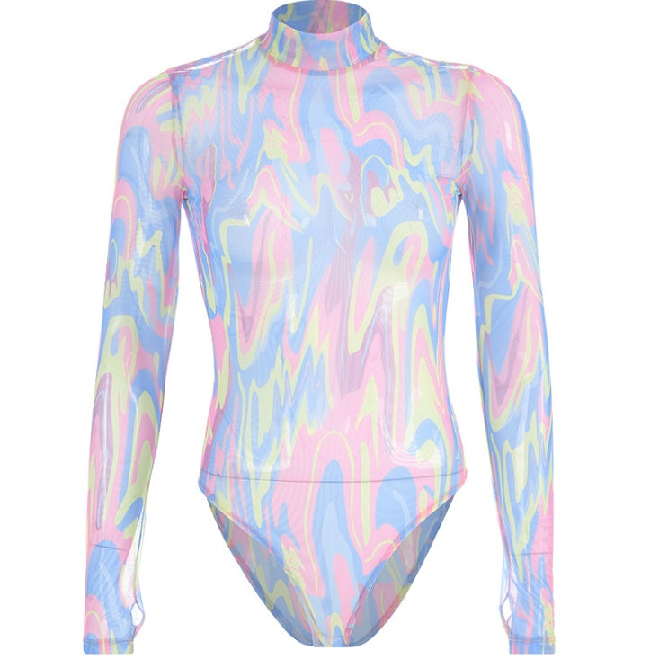 Pastel Sheer Mesh Swirl Print Long Sleeve Festival Fashion Bodysuit