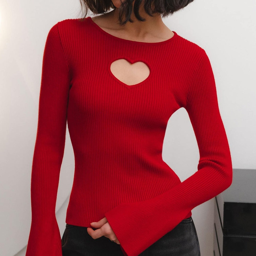 Hollow Hearts Ribbed Knit Long Sleeve Tee Shirt With Heart Keyhole Cutout