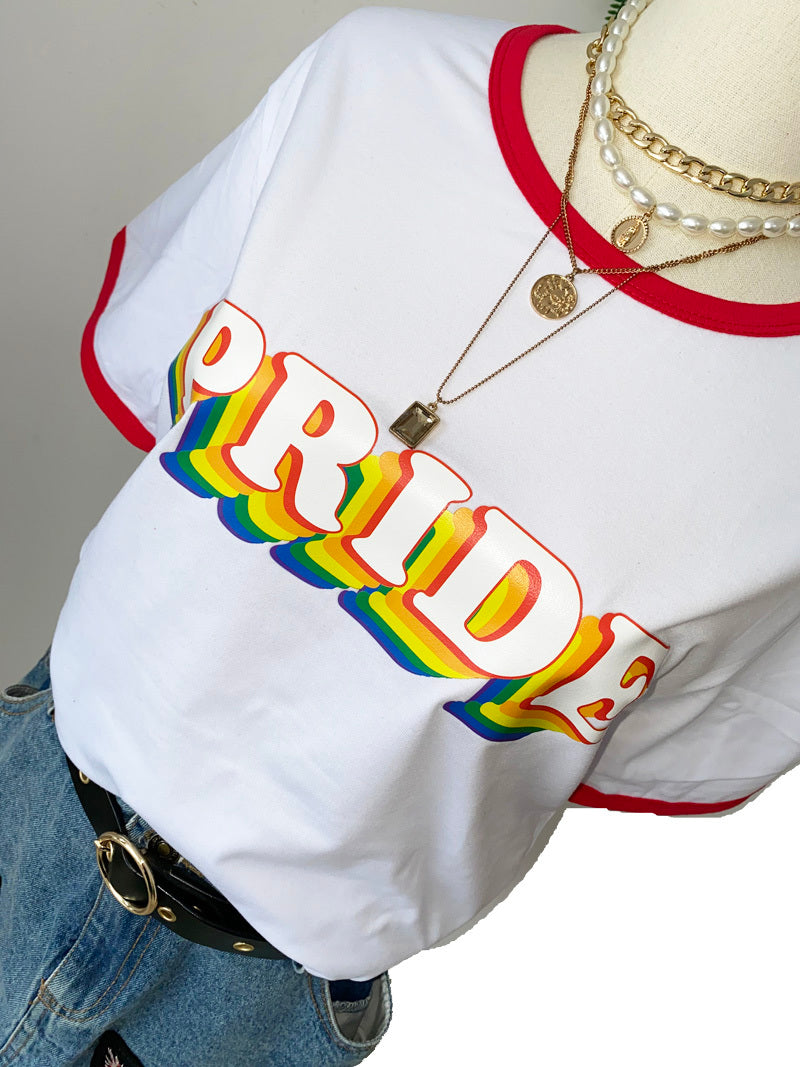 PRIDE Rainbow Block Letters Red Trim Casual Round Neck Short Sleeved Graphic Print Tee Shirts