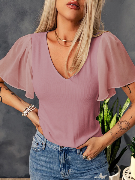 Threaded Knitted V-Neck Batwing T-Shirt  HWFUD77ME3