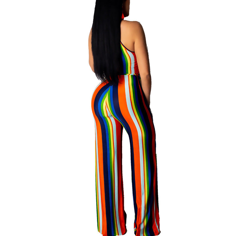 Grecian Style Wide Leg Tie Waist Halter Rainbow Striped Casual Jumpsuit