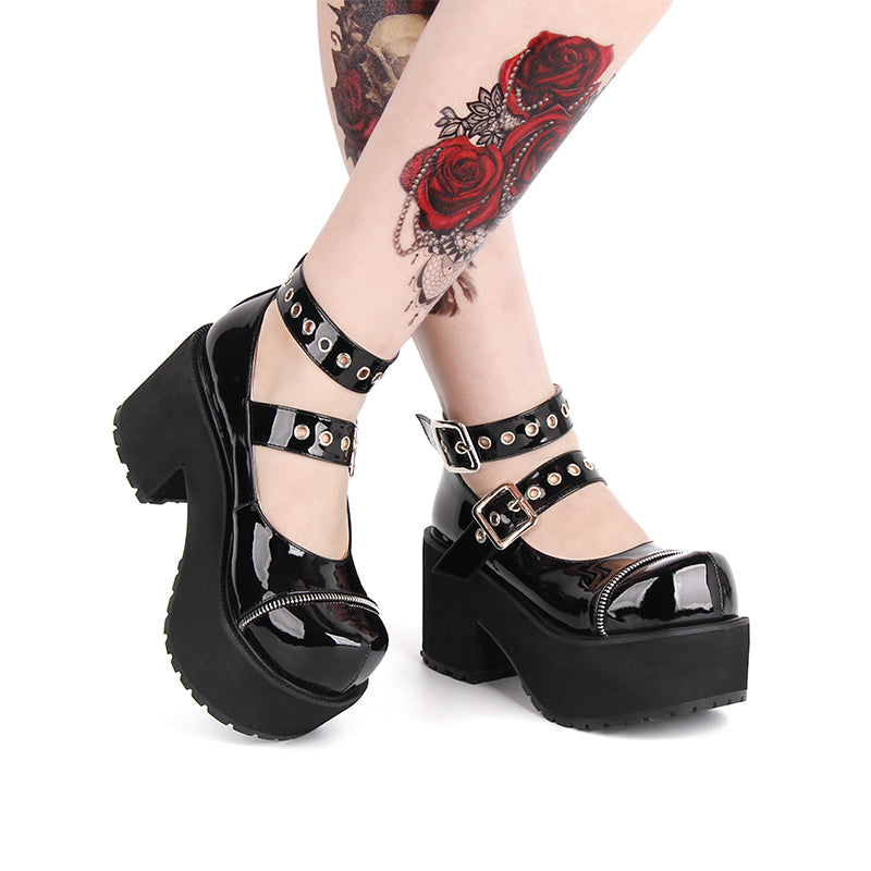 New Spring Lolita Goth Ankle Strap Buckle Patent Leather Mary Jane Style Chunky Platform Shoes