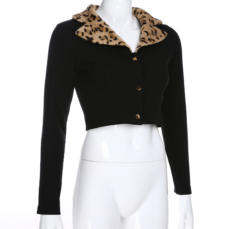 Sexy Cropped Three Button Faux Fur Leopard Print Collar Cardigan