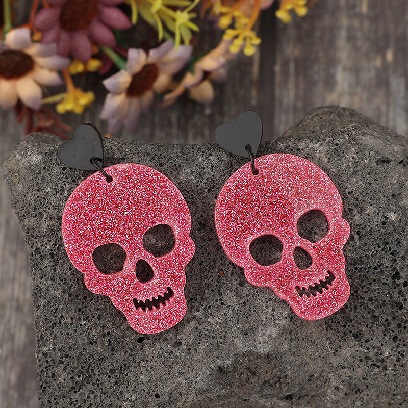 Acrylic Pink & Black Skeleton & Heart Drop Earrings